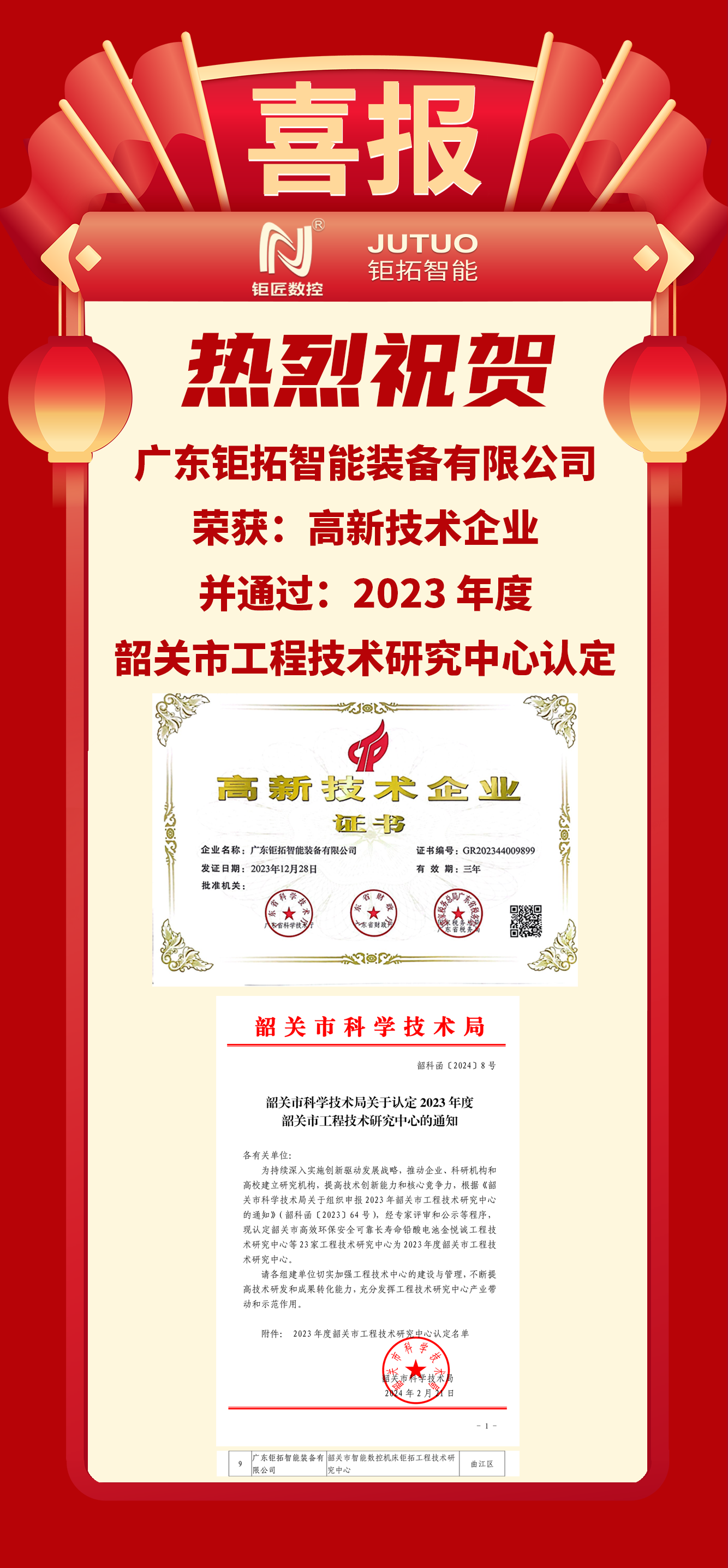 【喜报】钜拓智能荣获:高新技术企业、韶关市工程技术研究中心认定 - 聚焦CNC - 1
